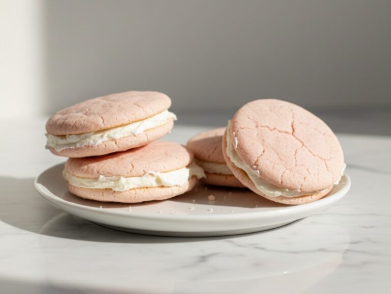 Strawberry shortcake sandwich cookies with creamy filling on a marble surface
