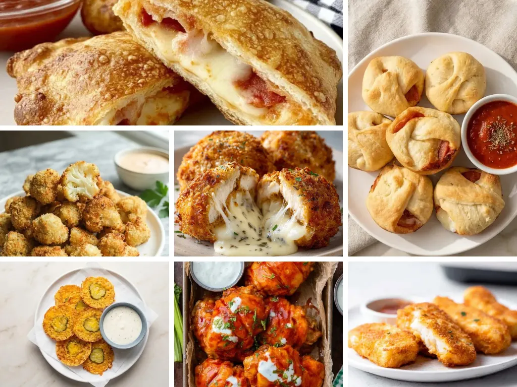 Cheesy Super Bowl snacks including pizza bombs, chicken bites, cauliflower bites, and jalapeño poppers served on plates