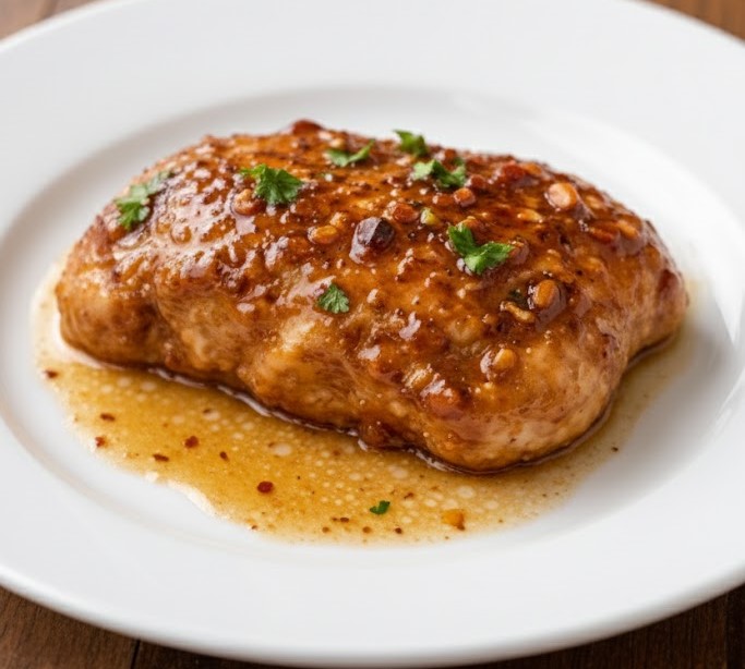 Sweet and savory honey butter chicken served on a white plate with glossy honey butter sauce on a wooden surface