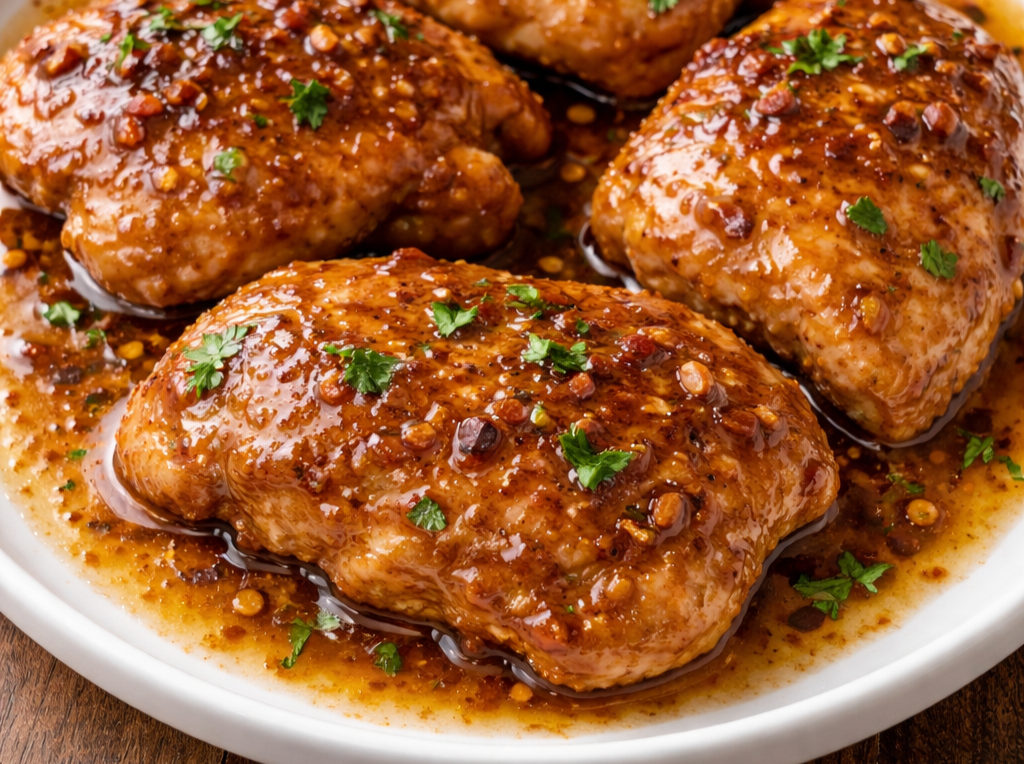 Close-up of sweet and savory honey butter chicken with glossy sauce and garlic bits on a white plate
