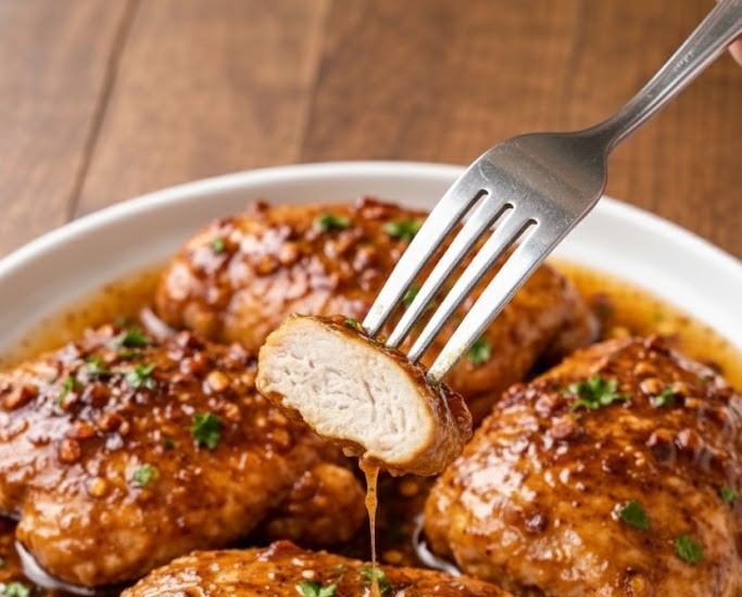 Fork lifting a juicy piece of sweet and savory honey butter chicken showing tender inside and glossy sauce