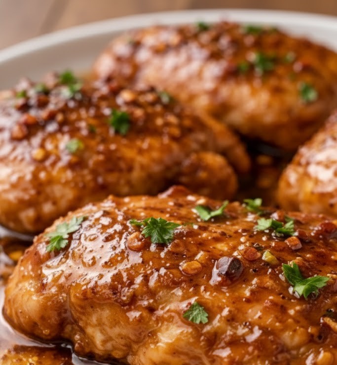 Sweet and savory honey butter chicken coated in glossy honey garlic sauce served on a white plate