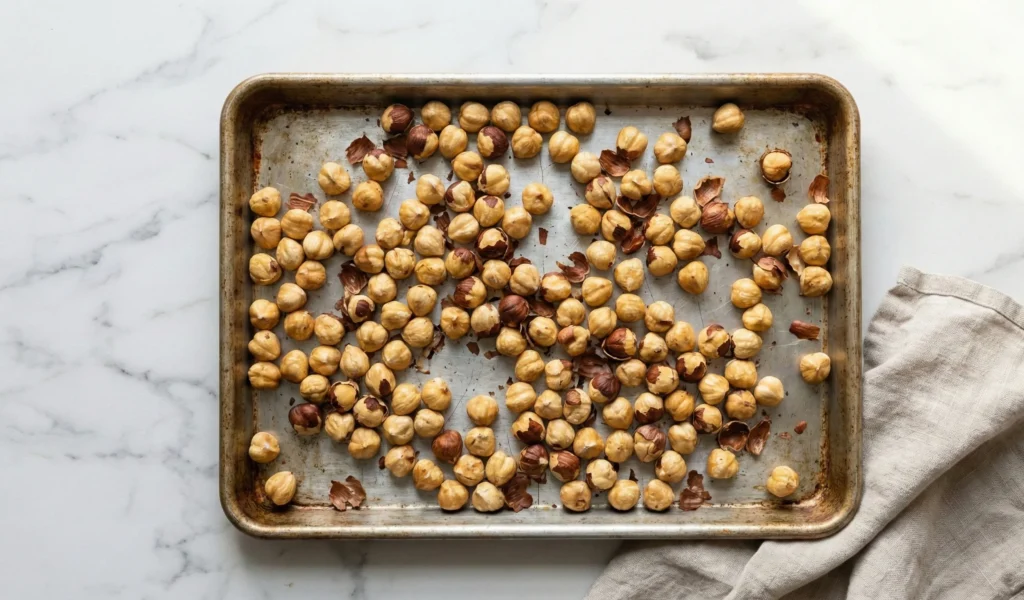 Toasted hazelnuts on baking sheet for Hazelnut Chocolate Nougat recipe
