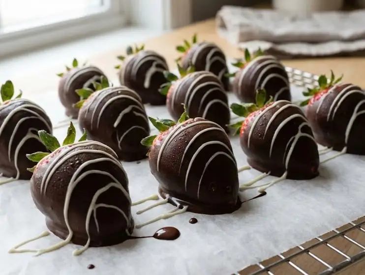 Valentine chocolate covered strawberries with white chocolate drizzle cooling on parchment paper