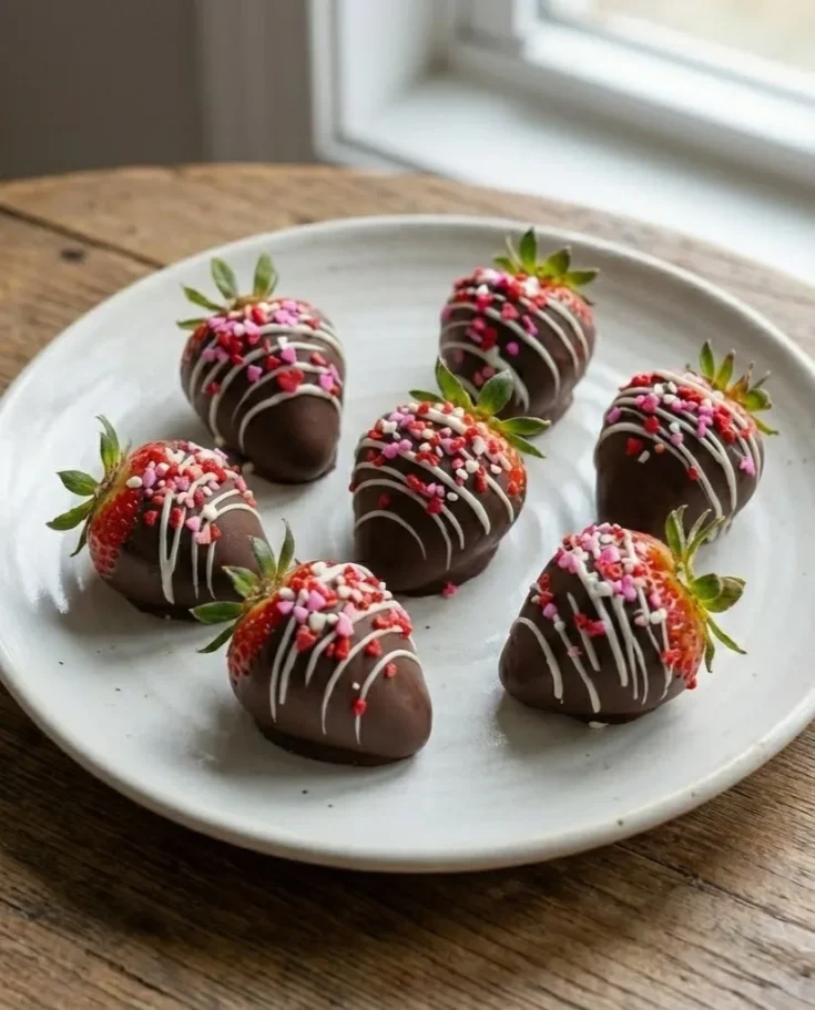 Valentine chocolate covered strawberries with white drizzle and pink sprinkles on gray plate