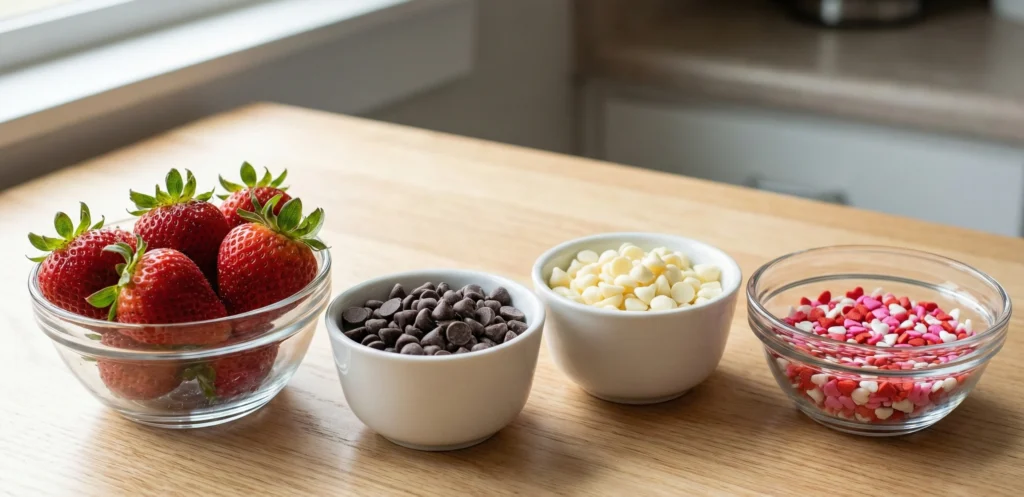 Fresh strawberries in glass bowl with semi-sweet and white chocolate chips and Valentine sprinkles