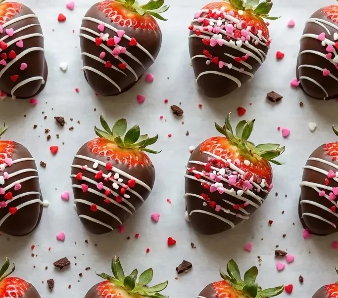 Overhead view of valentine chocolate covered strawberries with white drizzle and pink heart sprinkles on parchment paper