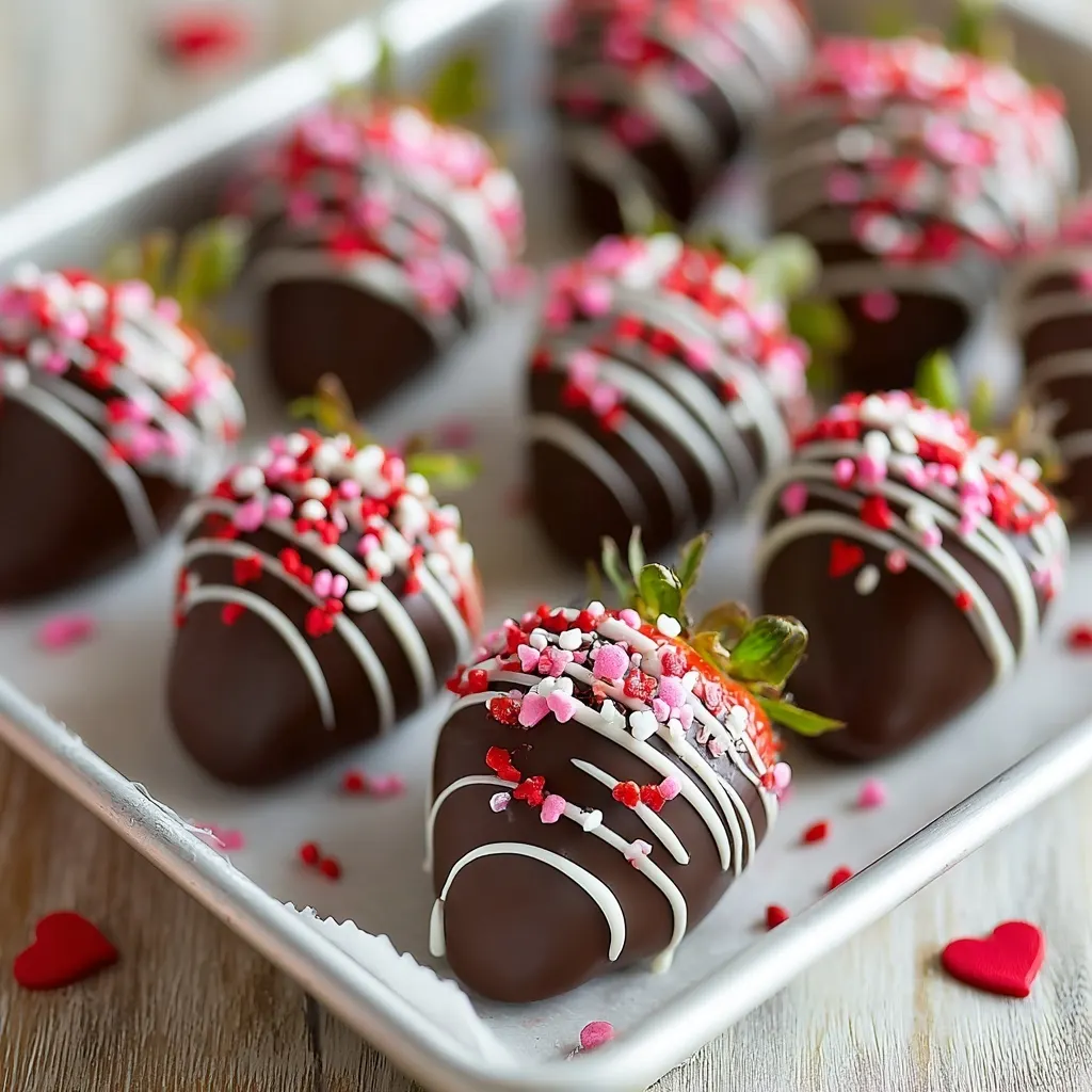 Valentine chocolate covered strawberries with white drizzle and pink red sprinkles on parchment tray