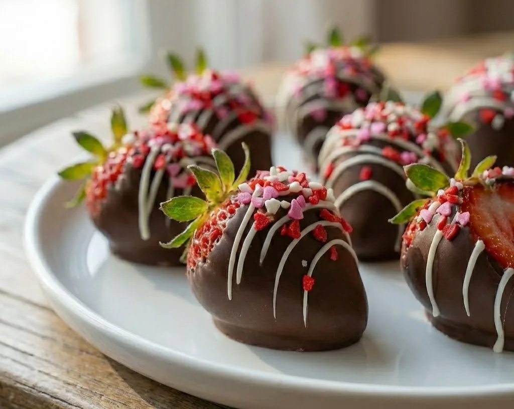 Valentine chocolate covered strawberries with white drizzle and heart sprinkles on white plate