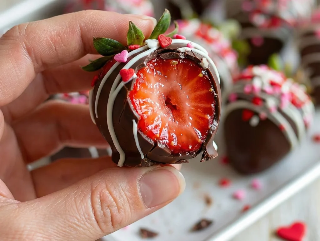Close-up of bitten valentine chocolate covered strawberry with white drizzle and heart sprinkles