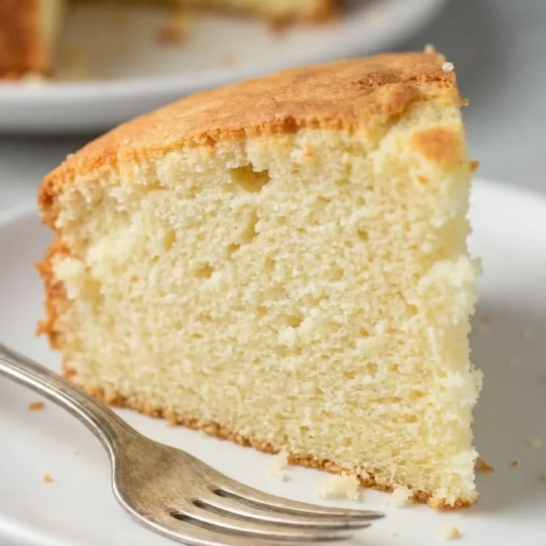 Close-up slice of vanilla sponge cake with soft airy crumb and golden crust on white plate with fork