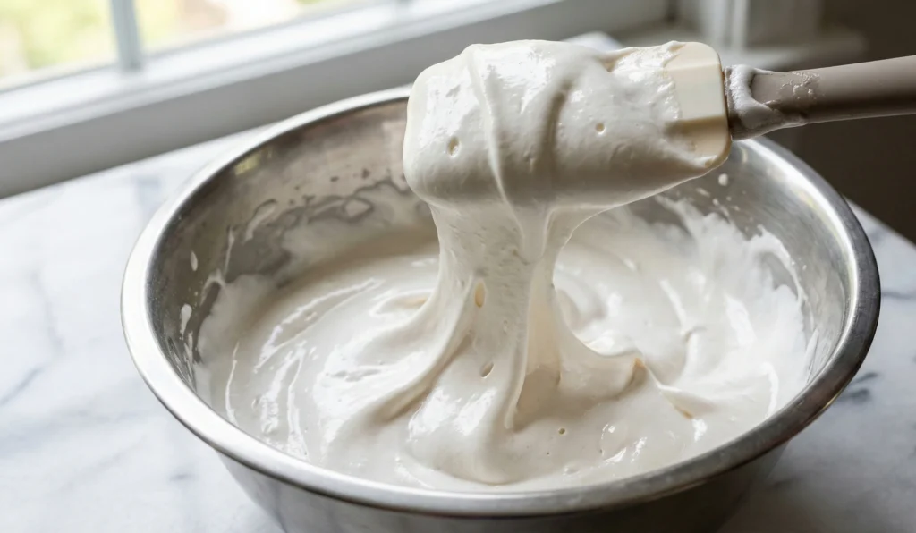 Thick glossy nougat mixture after whipping for Hazelnut Chocolate Nougat recipe