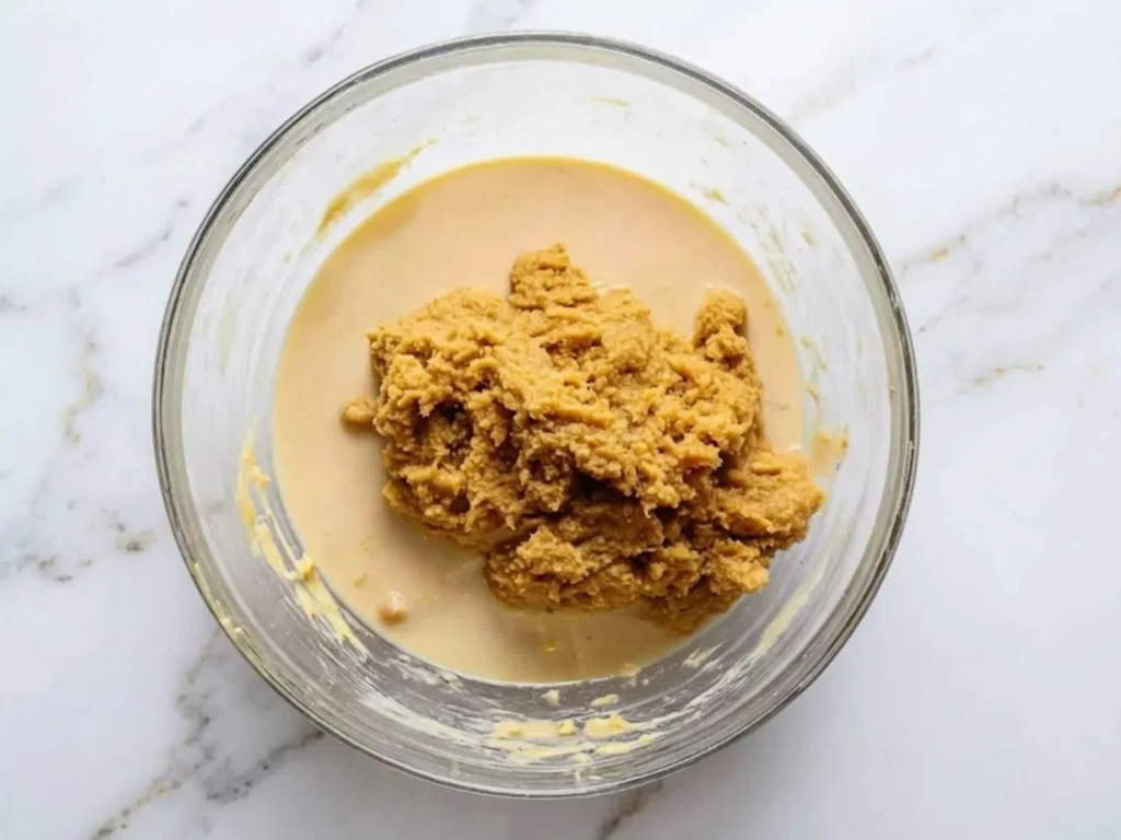 Adding a scoop of thick pumpkin puree into the sweetened condensed milk mixture for No-Churn Pumpkin Ice Cream.