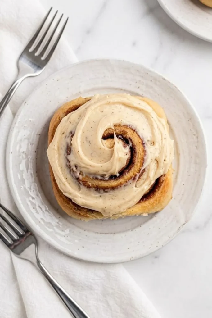 An overhead shot of a fluffy, iced cinnamon roll covered in thick, silky Brown Butter Cream Cheese Frosting with visible brown butter specks, sitting on a textured plate.
