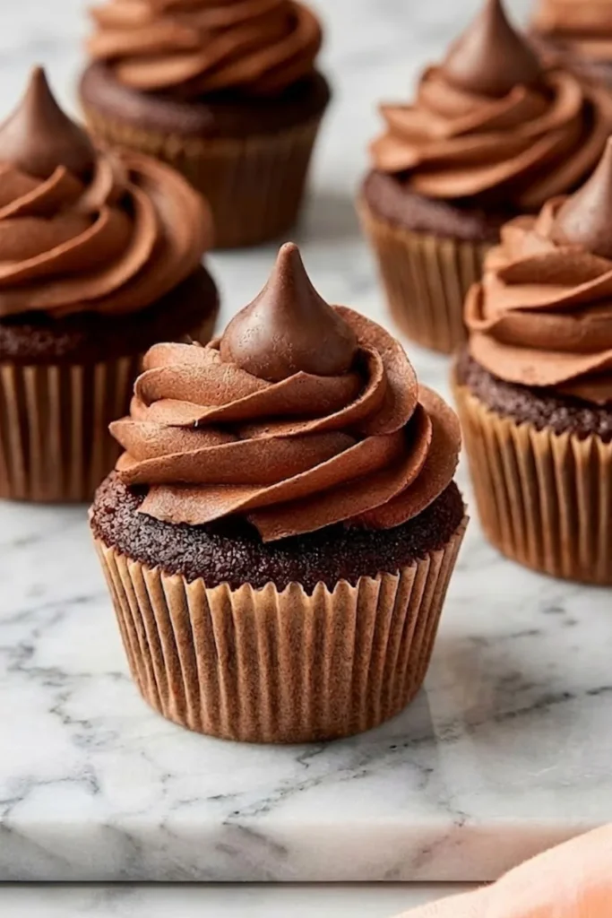 Three chocolate cupcakes decorated with fluffy chocolate peanut butter frosting swirls on a marble surface.