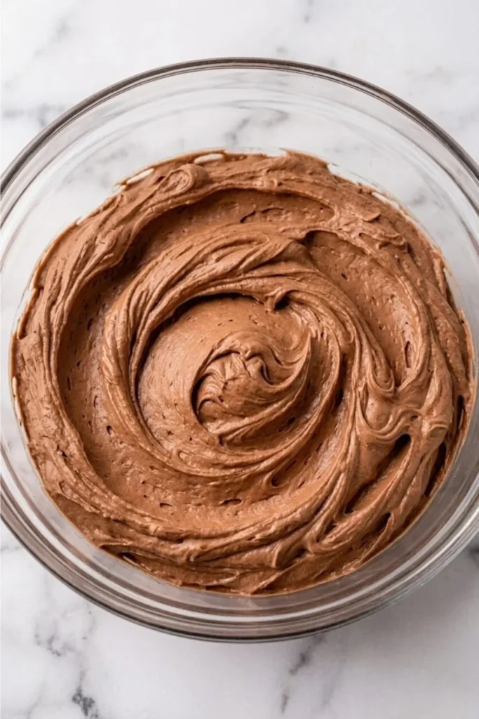 A glass bowl filled with silky, swirled Chocolate Swiss Meringue Buttercream on a marble surface.