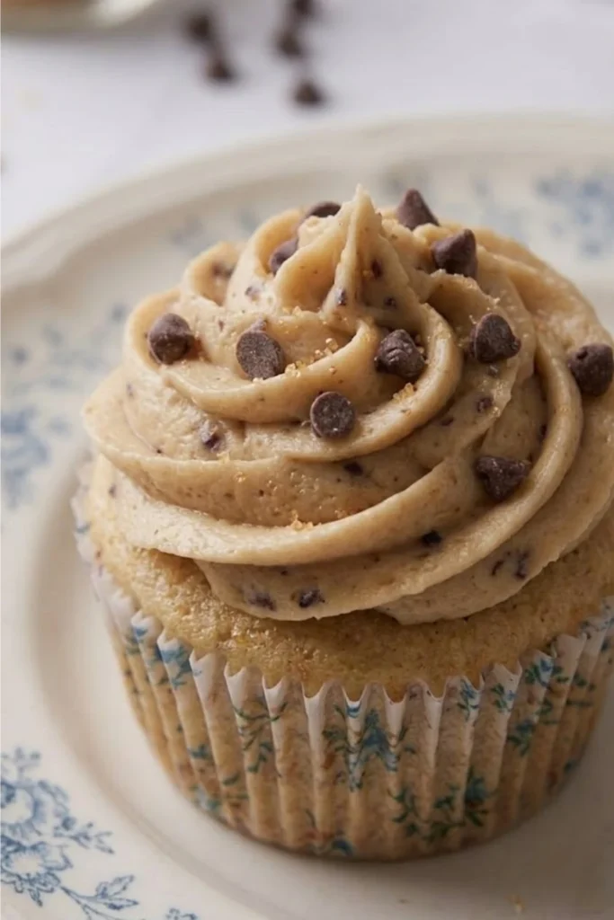 A single cupcake piped with a high swirl of Cookie Dough Buttercream Frosting and topped with extra chocolate chips.