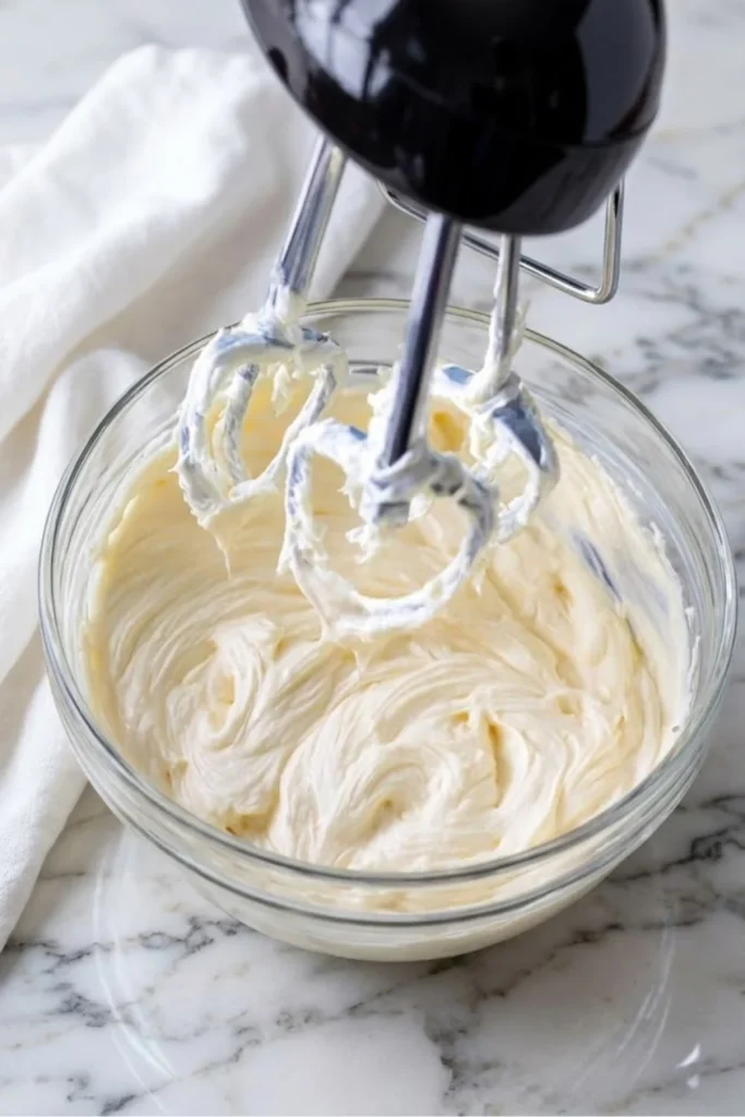 A black electric hand mixer whipping a bowl of smooth, velvety cream cheese frosting on a marble countertop.