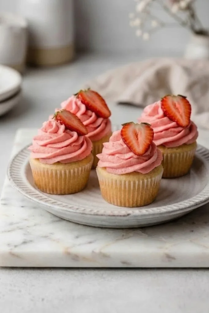 Four vanilla cupcakes beautifully piped with strawberry buttercream frosting and garnished with strawberry halves on a white marble platter.