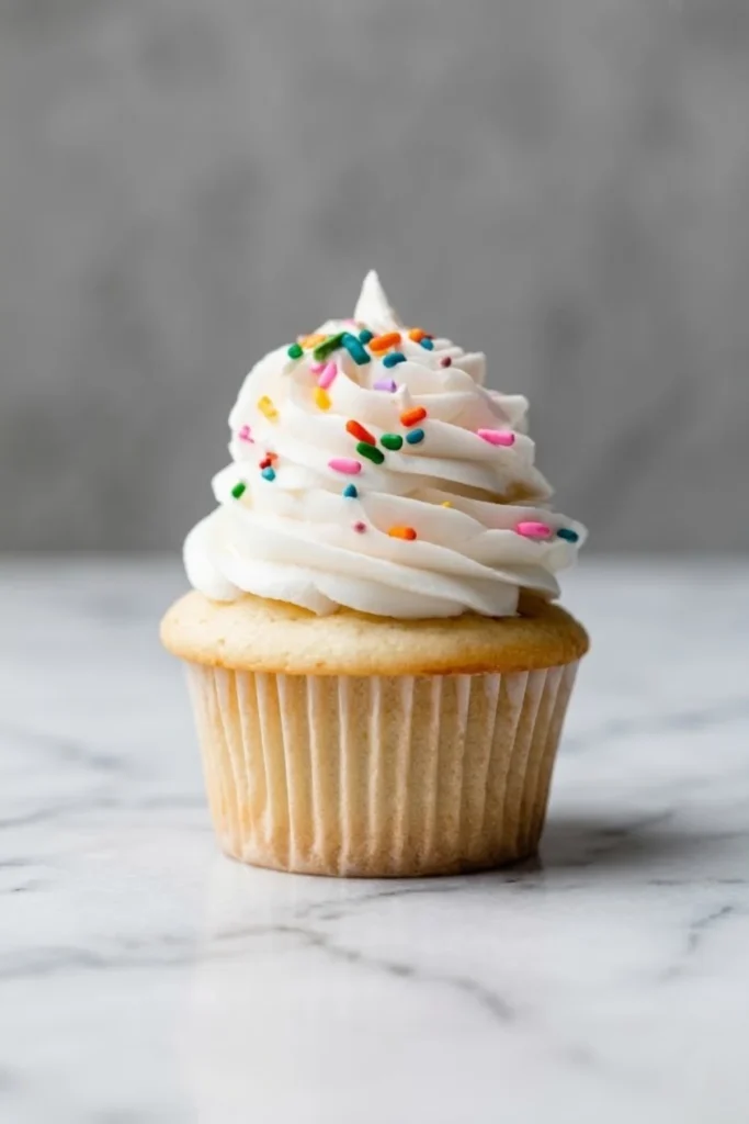 A vanilla cupcake topped with a high swirl of silky white Swiss Meringue Buttercream and rainbow sprinkles.
