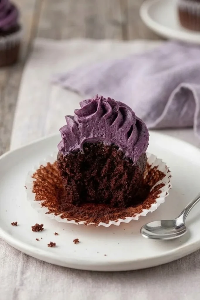 A bitten chocolate cupcake topped with a tall swirl of thick, purple blueberry marshmallow frosting on a white plate.