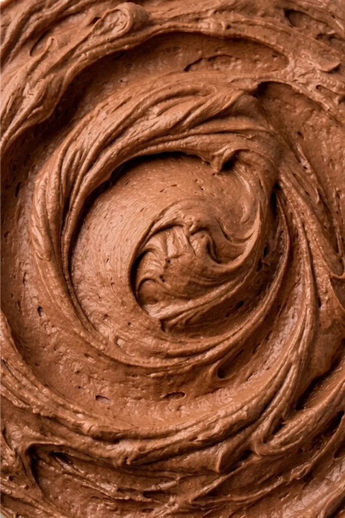 Macro shot of the smooth, air-bubble-free texture of homemade Chocolate Swiss Meringue Buttercream.