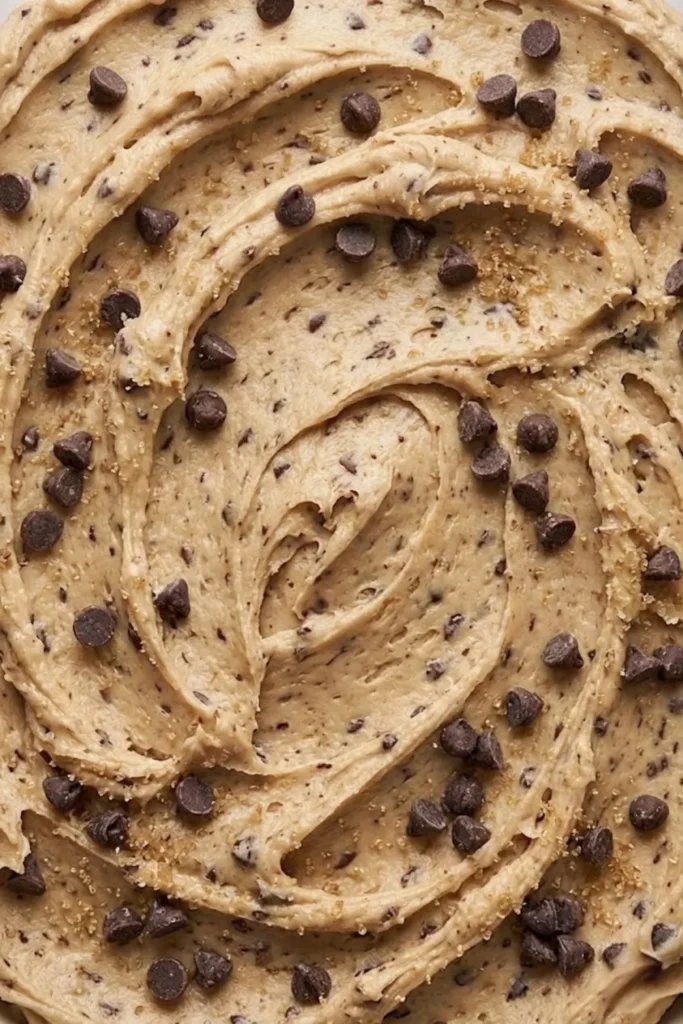 Close-up overhead shot of creamy Cookie Dough Buttercream Frosting swirled with mini chocolate chips.