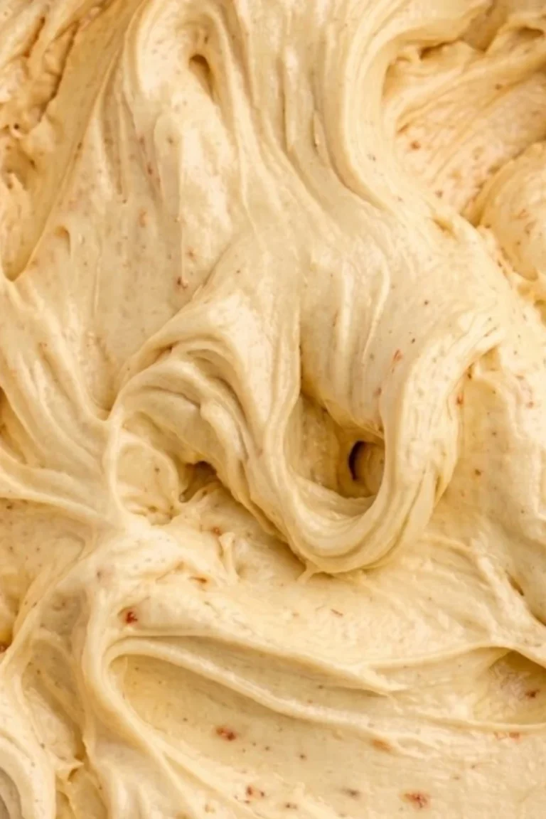 A detailed close-up showing the creamy, thick, and perfectly whipped texture of homemade Brown Butter Cream Cheese Frosting, highlighting the tiny caramelized brown butter specks.