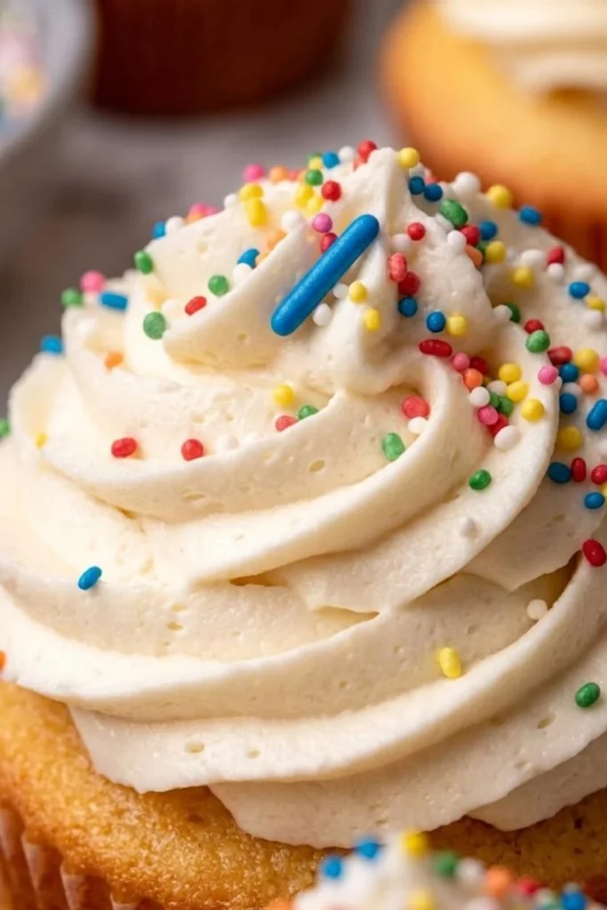 Extreme close-up of the ripples and texture of piped fluffy vanilla frosting decorated with tiny round sprinkles.