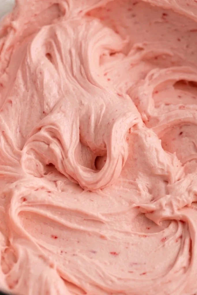 Macro view of silky smooth strawberry buttercream frosting showing real strawberry bits and a vibrant natural pink color.