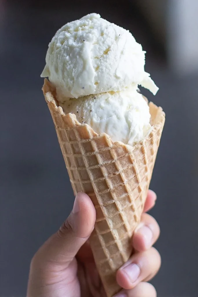 Hand holding a waffle cone with two large scoops of real vanilla bean ice cream.
