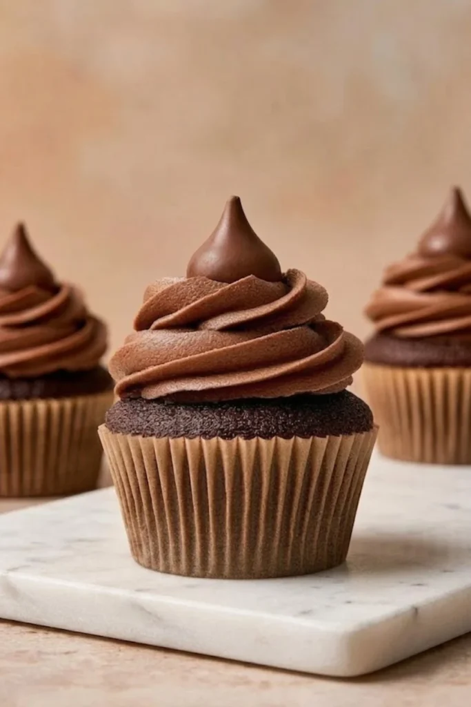 A single chocolate cupcake topped with a perfect swirl of creamy chocolate peanut butter frosting and a chocolate kiss.