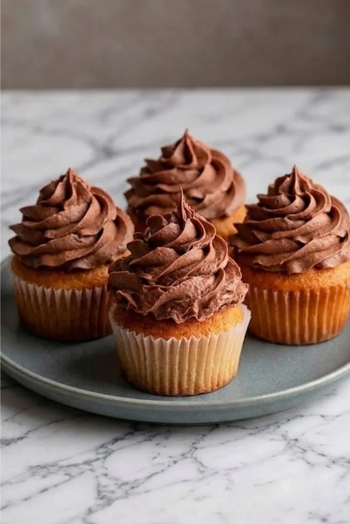 Four vanilla cupcakes topped with high swirls of Chocolate Swiss Meringue Buttercream arranged on a grey plate.