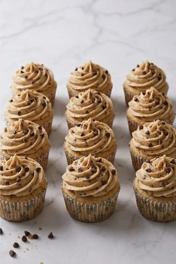 A dozen vanilla cupcakes topped with swirls of chocolate chip Cookie Dough Buttercream Frosting on a marble surface.