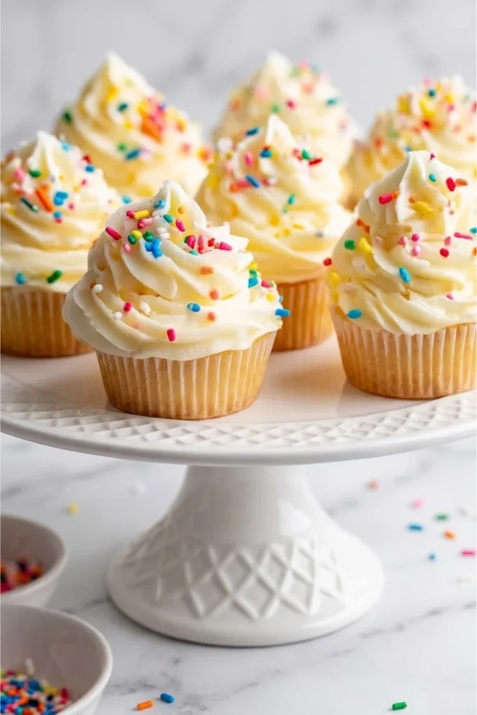 Six vanilla cupcakes with tall, professional swirls of white fluffy vanilla frosting displayed on a white ceramic cake stand.