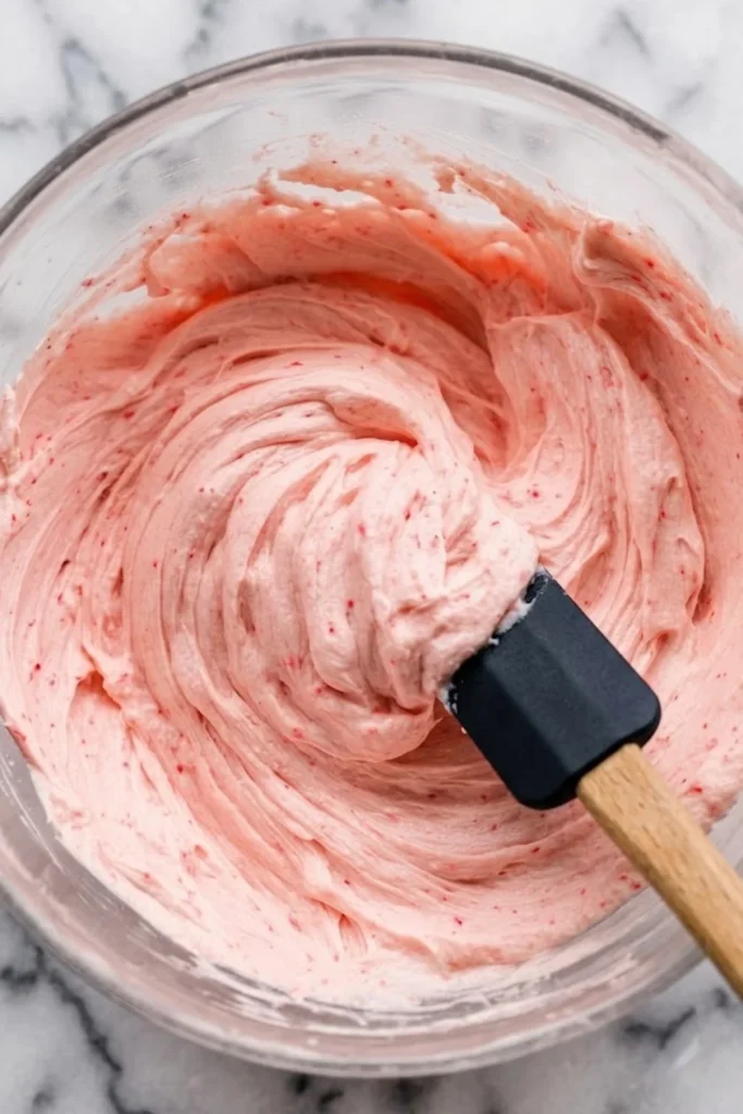 A black spatula stirring real strawberry buttercream frosting in a bowl to show the stable and spreadable consistency.