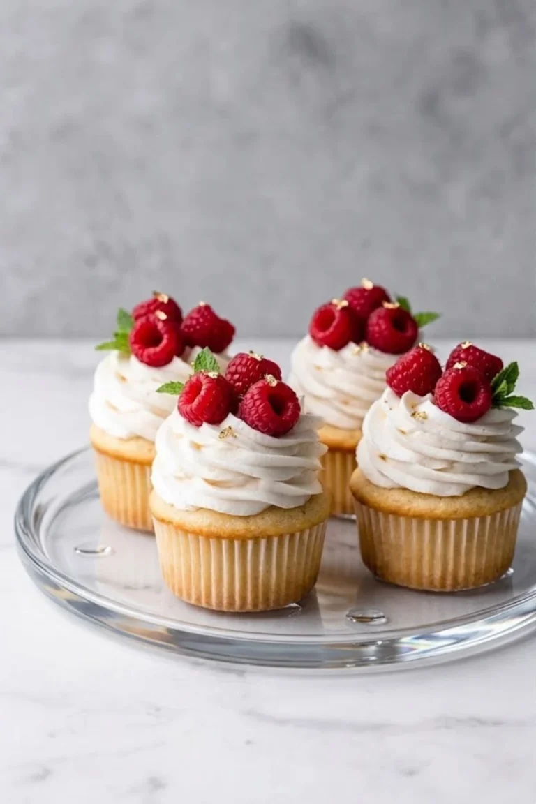 Four gourmet cupcakes piped with Swiss Meringue Buttercream and topped with fresh raspberries and gold leaf.
