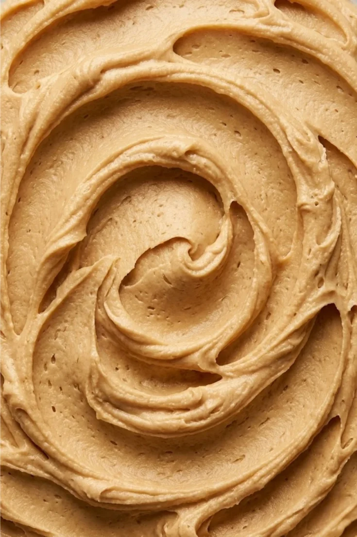 An extreme close-up photograph filling the entire frame, showing the intricate details of a single, central swirl in a batch of peanut butter frosting. The lighting highlights the velvety, slightly aerated texture and the light beige color.