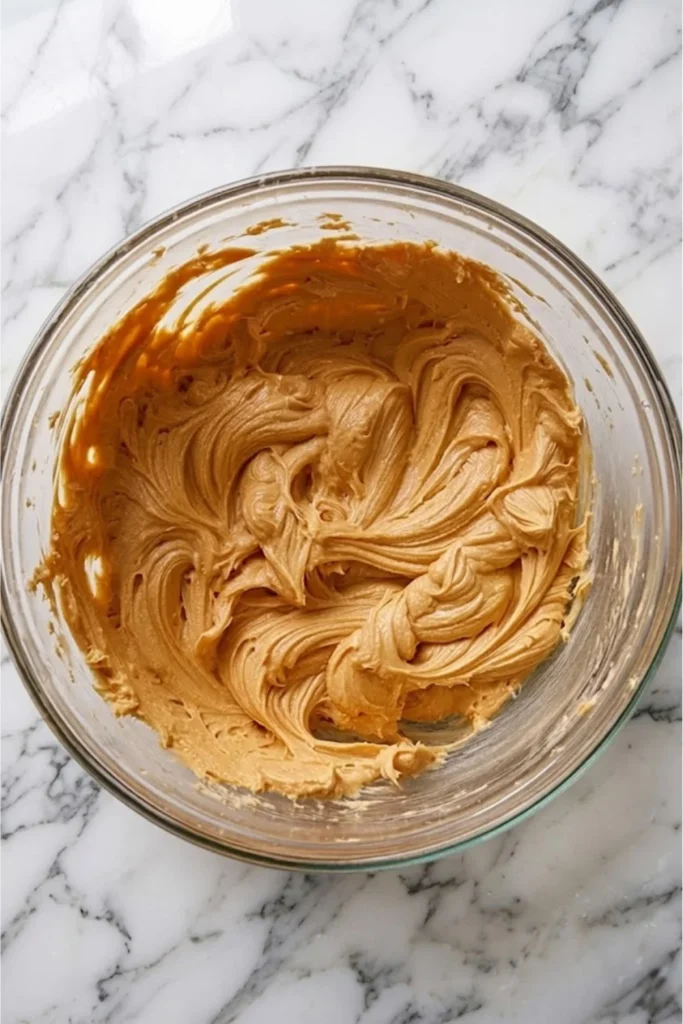 A clear glass mixing bowl filled to the brim with smooth, velvety, light brown peanut butter frosting. The surface shows soft peaks and defined, elegant swirl marks. The bowl is centered on a grey and white marble counter.