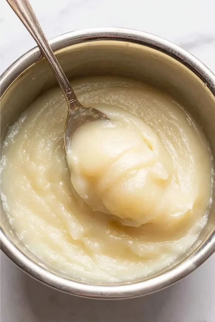 A silver spoon lifting a thick, silky smooth scoop of fluffy vanilla frosting from a stainless steel mixing bowl.