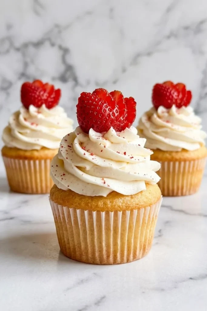 Three elegant cupcakes topped with swirls of fluffy vanilla frosting and fresh sliced strawberries on a marble surface.