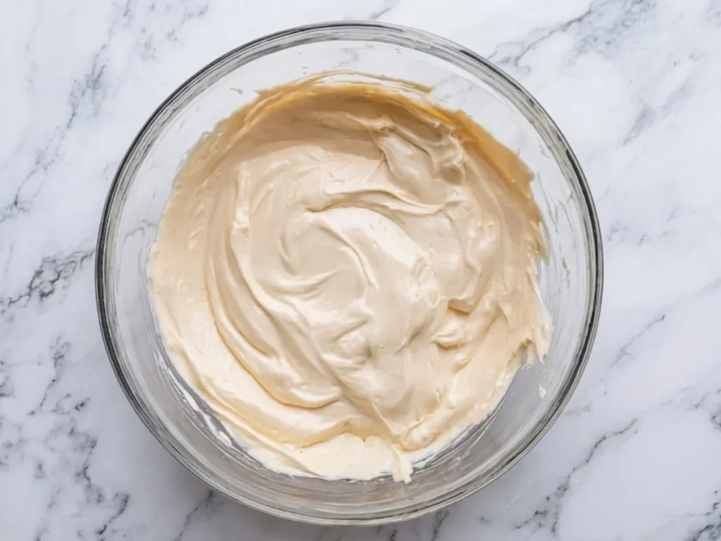 The light and airy No-Churn Pumpkin Ice Cream mixture fully combined in a glass bowl.
