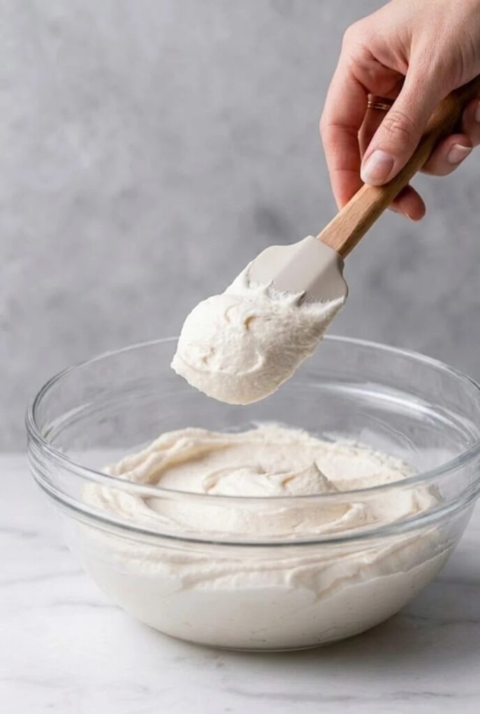 A close-up shot of a spatula holding a dollop of thick and stable Swiss Meringue Buttercream to show consistency.