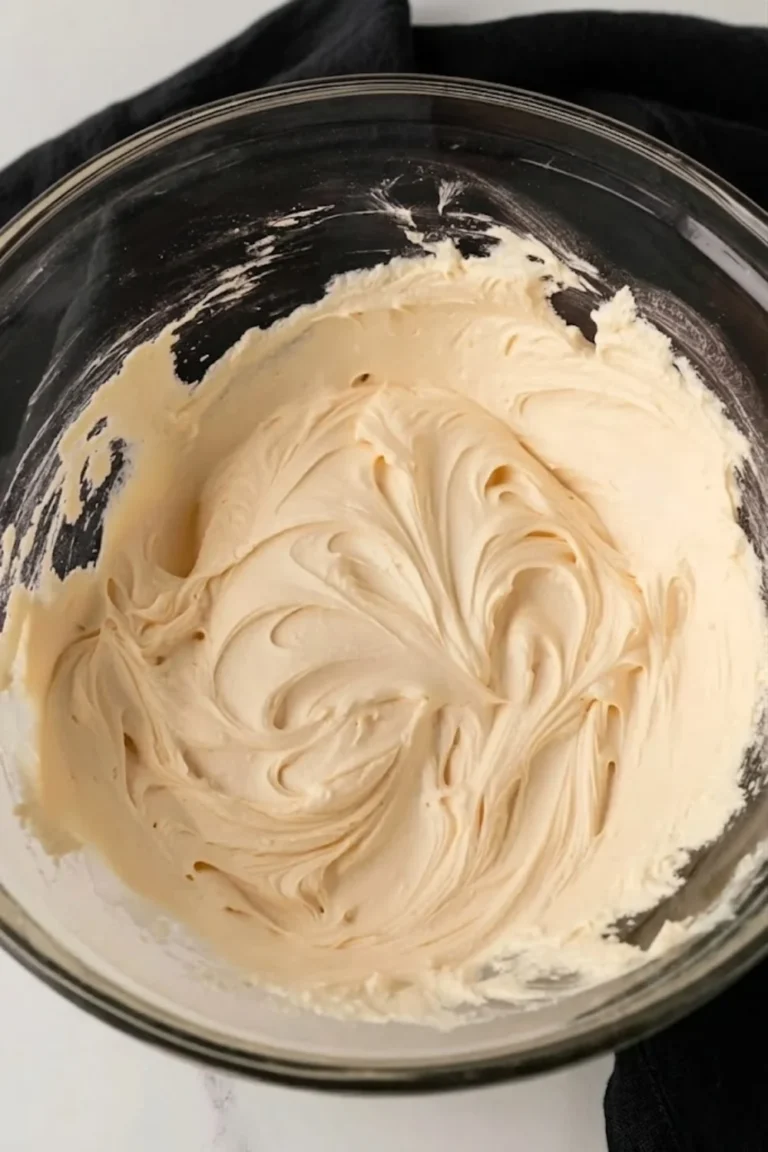 Freshly whipped salted caramel frosting in a glass mixing bowl, showcasing its airy and pipeable consistency.