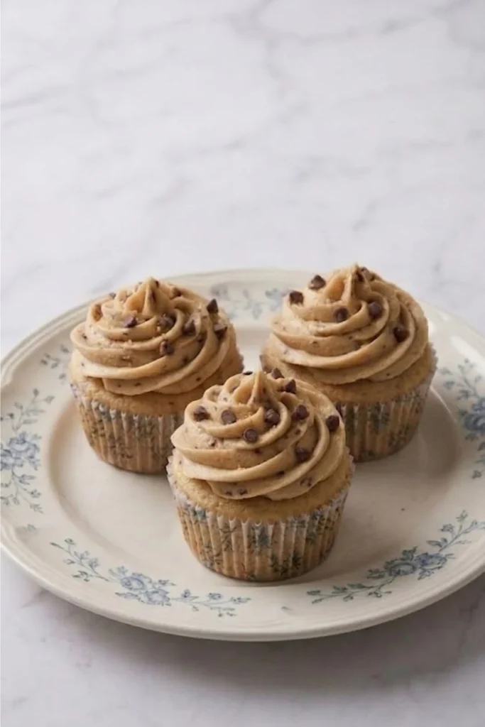 Three cupcakes with Cookie Dough Buttercream Frosting arranged on a vintage blue and white floral plate.