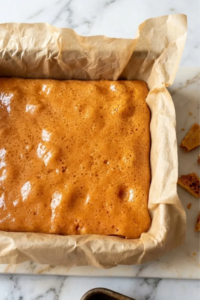 Freshly poured golden honeycomb foaming up and cooling in a parchment-lined square baking pan.
