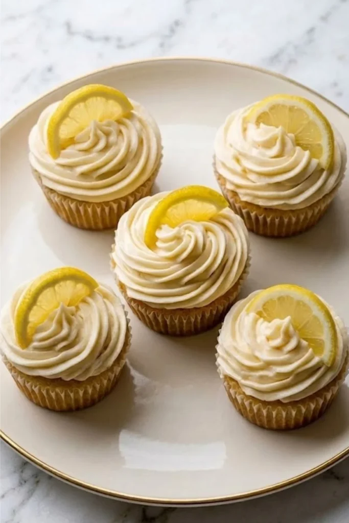 Five cupcakes with Lemon Buttercream Frosting arranged on a round cream-colored plate.