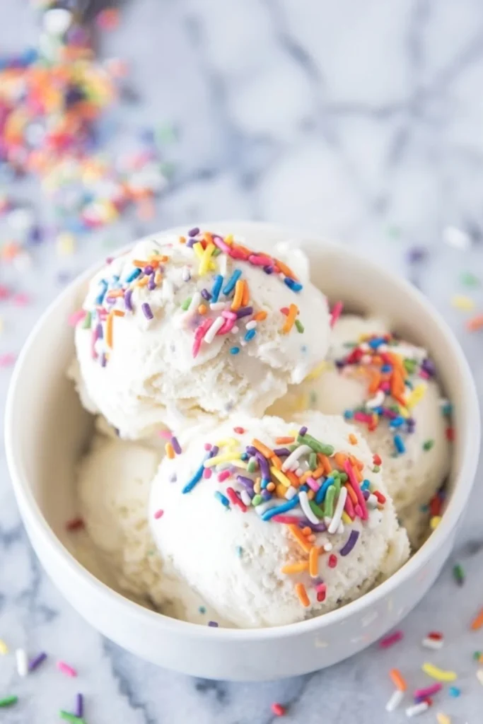Three scoops of homemade vanilla ice cream with rainbow sprinkles in a white bowl.