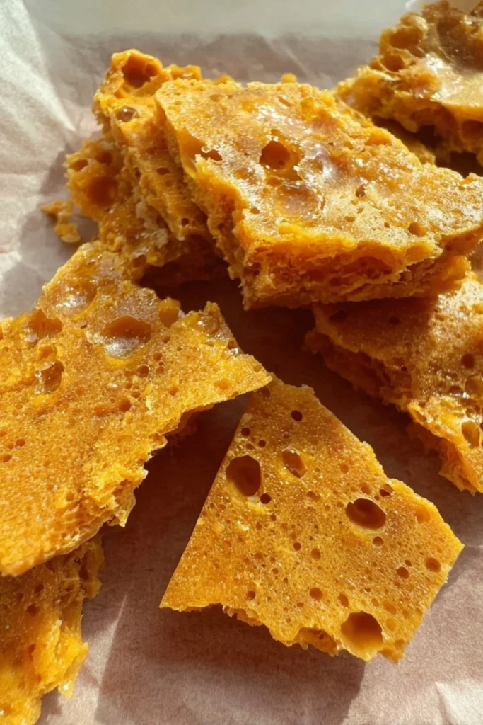 Crunchy shards of golden-brown homemade honeycomb candy broken into bite-sized pieces.