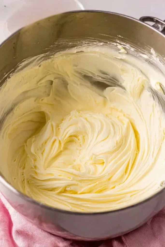 Whipped fluffy vanilla frosting inside a metal stand mixer bowl showing light and airy peaks.